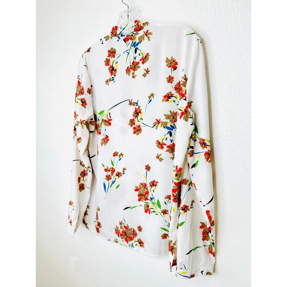 Off White Red Brown Blue Floral Long Sleeve Tie Neck Blouse Top L - Picture 7 of 11
